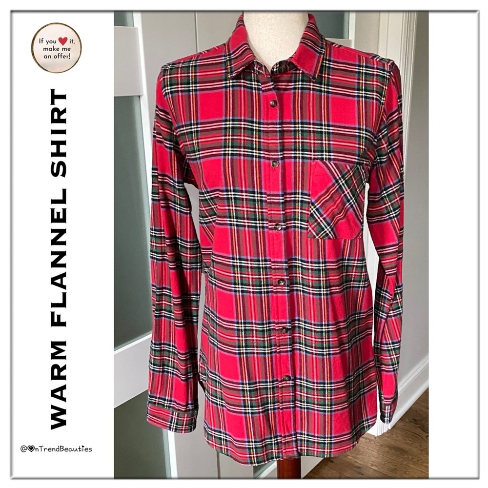 Red Plaid Warm Flannel Shirt - Picture 3 of 9
